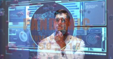 Coperid 19 hücresinin animasyonu ve beyaz erkek doktor üzerindeki veriler. küresel covid 19 salgın, sağlık hizmetleri ve veri işleme konsepti dijital olarak oluşturulmuş video.