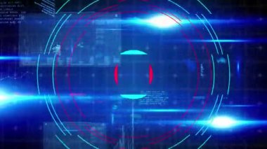 Animation of circles and light trails over data processing on black background. global technology, data processing and digital interface concept digitally generated video.