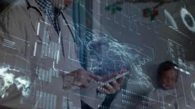 Animation of scientific data processing over caucasian male doctor using smartphone. global medicine, science, research, data processing concept digitally generated video.