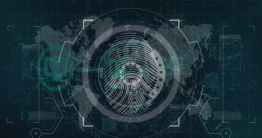 Siyah arkaplandaki bağlantı ağı üzerinden parmak izi ve veri işleme animasyonu. küresel bağlantılar, bilgisayar ve dijital arayüz konsepti dijital olarak oluşturulmuş video.