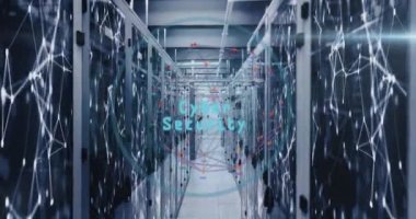 Sunucu odasında veri işleme ve bulut animasyonu. Sosyal medya ve dijital arayüz konsepti dijital olarak oluşturulmuş video.