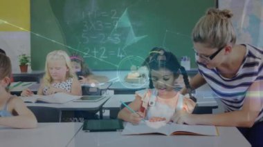 Animation of network of connections over diverse group of pupils with female teacher. education and learning concept digitally generated video.