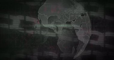 Spinning globe and network of connections over security chain icon against black background. Global networking and cyber security technology concept