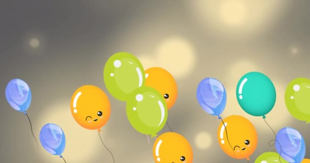 Animation Balloons Floating Grey Background Lights Birthday New Year Celebration — ストック動画