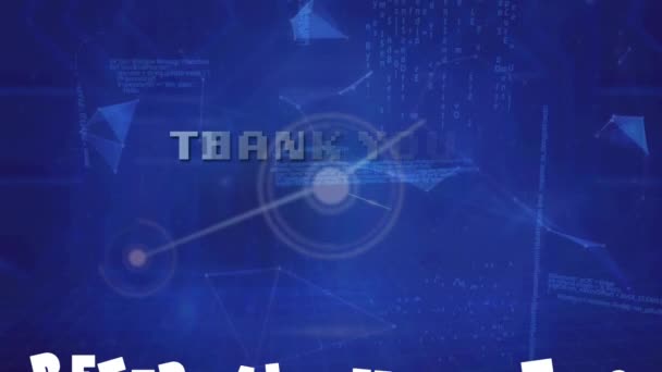 Thank you text banner and network of connections against spinning globe on blue background. global economy and business networking technology concept