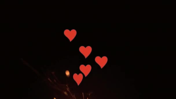 Анимация Сердец Падающих Фейерверки Черном Фоне Анимация Листьев Появляющихся Над — стоковое видео