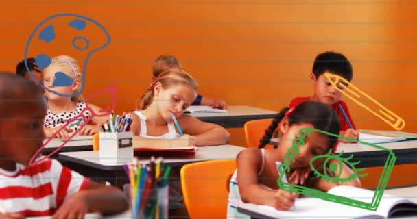 Animation School Icons Diverse Schoolchildren Classroom Global Education Learning Concept — Vídeo de stock