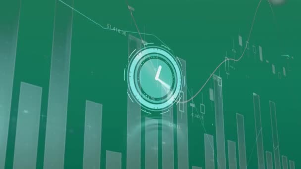 Digital Animation Neon Ticking Clock Statistical Data Processing Green Background — Stock Video