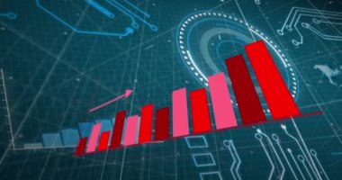 Finansal grafiğin mavi arka plandaki veri işleme üzerindeki animasyonu. Dijital olarak oluşturulmuş küresel bağlantılar, veri işleme ve dijital arayüz kavramı.