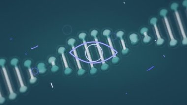 Mavi arka planda dönen DNA yapısı üzerinde mavi soyut şekillerin dijital animasyonu. tıbbi araştırma ve bilim teknolojisi kavramı