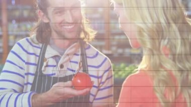 Finansal grafiklerin, marketteki mutlu beyaz erkek satıcı ve kadın müşteri üzerine animasyonu. ekonomi, finans, alışveriş ve dijital olarak üretilen küçük bağımsız iş konsepti.