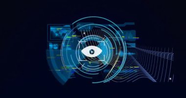 Siyah arka planda veri işleme ve göz animasyonu. Küresel iş ve dijital arayüz kavramı dijital olarak oluşturulmuş video.