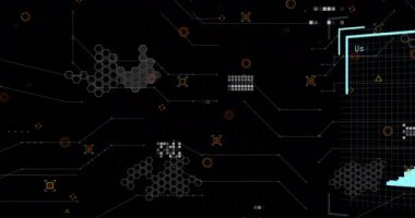 Animation of user photos, graphs and icons on black background. Data processing, computers, digital screen and technology concept digitally generated video.