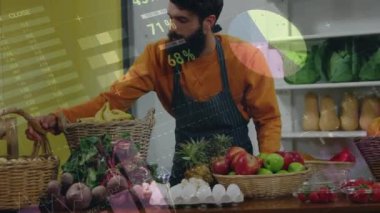 Marketteki mutlu beyaz erkek satıcının finansal grafiklerinin animasyonu. ekonomi, finans, alışveriş ve dijital olarak üretilen küçük bağımsız iş konsepti.