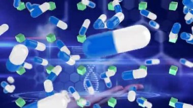 Veri işleme üzerinde DNA ipliği ve hapların animasyonu. küresel veri işleme, bilim ve araştırma konsepti dijital olarak oluşturulmuş video.