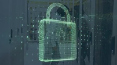 Beyaz kadın üzerinde siber saldırı metni ve asma kilit animasyonu sunucudan sunucuya. küresel çevrimiçi güvenlik, dijital arayüz ve dijital olarak oluşturulmuş video işleme kavramı.