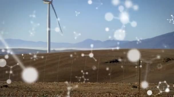 Animatie Van Moleculen Windturbines Wereldwijde Duurzaamheid Netwerken Verbindingen Gegevensverwerkingsconcept Digitaal — Stockvideo