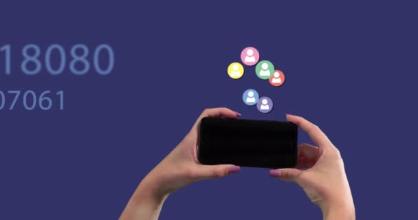 Multiple Profile Icons Floating Changing Numbers Hand Holding Smartphone Social — Vídeo de Stock