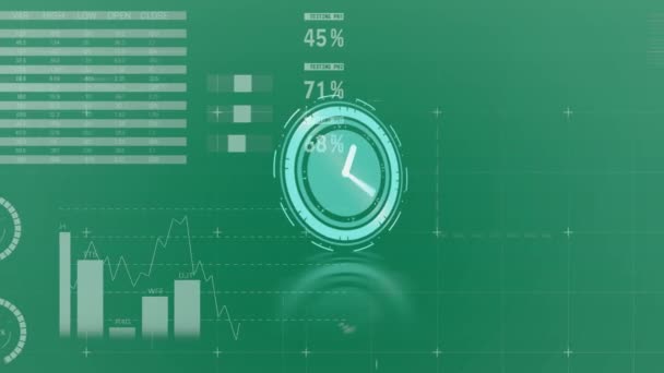 Animation Clock Graphs Green Background Finance Economy Data Processing Technology — Vídeo de Stock