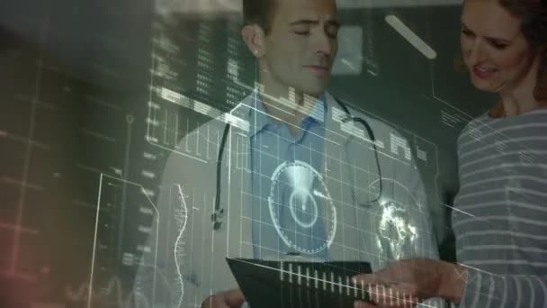 Animation Scientific Data Processing Caucasian Male Doctor Using Tablet Global — Vídeo de stock