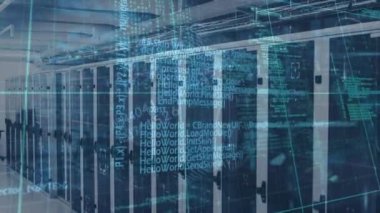 Sunucu odasında dünya ve veri işleme animasyonu. küresel bağlantılar, bilgisayar ve dijital arayüz konsepti dijital olarak oluşturulmuş video.