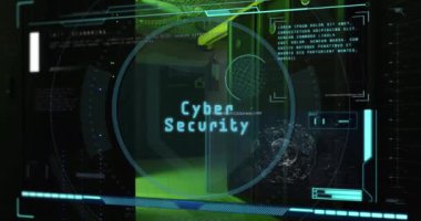 Veri işleme ve sunucu odası üzerinde dünya simgesinin animasyonu. Sosyal medya ve dijital arayüz konsepti dijital olarak oluşturulmuş video.