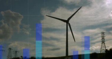 Rüzgar türbininin üzerindeki finansal grafiklerin animasyonu. yeşil enerji, eko gücü, finans ve teknoloji konsepti dijital olarak oluşturulmuş video.