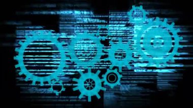 Siyah arka planda hareket eden dişli ve veri işleme animasyonları. küresel ağ, veri işleme, iletişim ve teknoloji konsepti dijital olarak oluşturulmuş video.