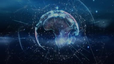 Mavi arka planda dönen dünyayı çevreleyen ışık izlerinin dijital animasyonu. küresel ağ ve teknoloji kavramı