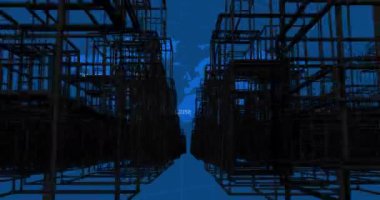 Veri işleme üzerinden dijital şehrin animasyonu ve mavi arka planda dünya haritası. küresel teknoloji, bilgisayar ve dijital arayüz kavramı dijital olarak oluşturulmuş video.