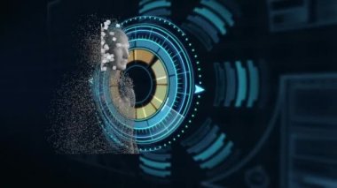 Patlayan parçacıklarla oluşmuş insan bedenleriyle kapsam ve veri işleme animasyonu. küresel bilim, araştırma, dijital arayüz ve dijital olarak oluşturulmuş veri işleme kavramı.