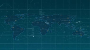 Mavi zemin üzerinde veri işleme ve dünya haritası animasyonu. Küresel bilim, bağlantılar, veri işleme ve dijital arayüz kavramı dijital olarak oluşturulmuş video.