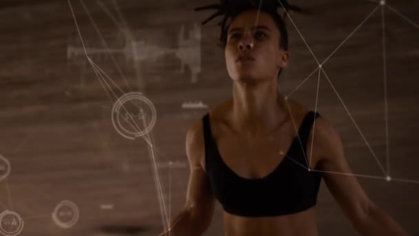 Animation Network Connections Fit Biracial Woman Exercising Jumping Rope Sport — Vídeo de stock