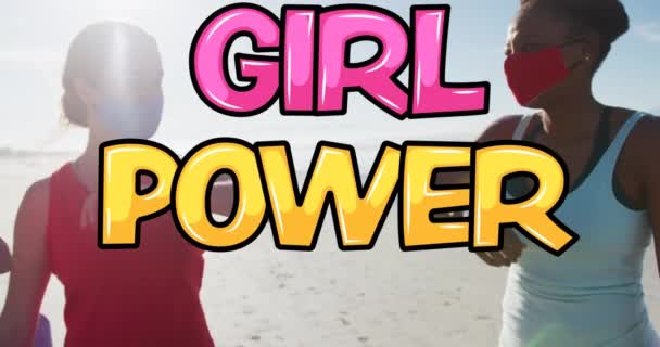 Animation Girl Power Text Diverse Women Face Masks Beach Health — Stok Video