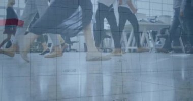 Animation of financial graphs over legs of diverse business people walking in office. business, finance, economy and technology concept digitally generated video.