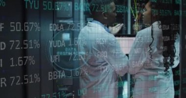 Animation of data processing over african american workers in server room. Global business and digital interface concept digitally generated video.