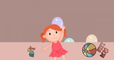 Pembe arka planda liseli kız ikonu ve balonların animasyonu. Evrensel çocuklar günü ve dijital olarak üretilen video konsepti.