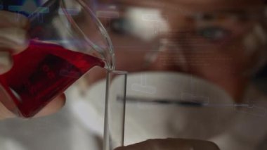 Laboratuvardaki beyaz kadın bilim adamı üzerinde DNA ipliği ve veri işleme animasyonu. küresel bilim, veri işleme ve dijital arayüz kavramı dijital olarak oluşturulmuş video.