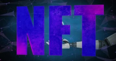 Animation of nft over globe and arm of robot. digital resources and technology concept digitally generated video.