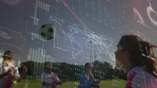 Animation Data Processing Diverse Female Football Players Football Pitch Global — Video Stock