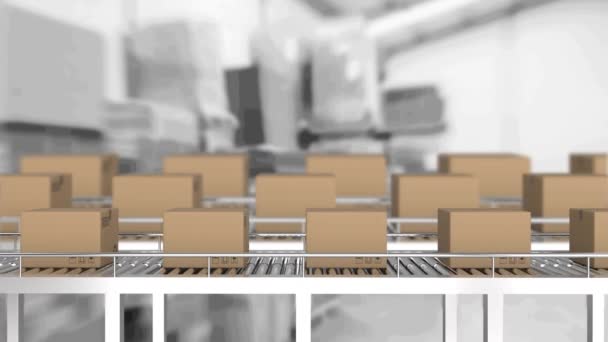 Animation Cardboard Boxes Conveyor Belts Warehouse Global Shipping Logistics Connections — Video