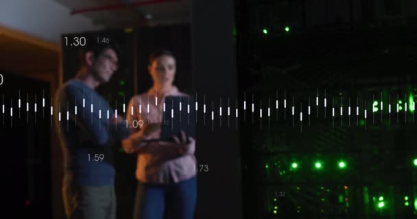 Animation Data Processing Diverse Couple Using Laptop Server Room Cloud — Vídeos de Stock
