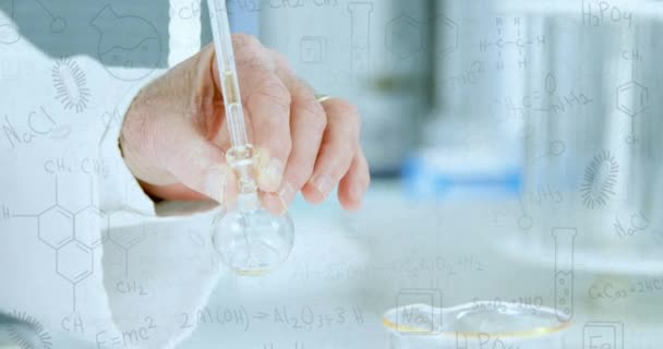 Animation Chemical Formulas Hands Caucasian Male Lab Worker Science Chemistry — Vídeo de Stock