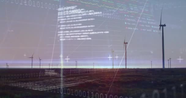 Animation Financial Data Processing Binary Coding Wind Turbines Global Environment — 图库视频影像