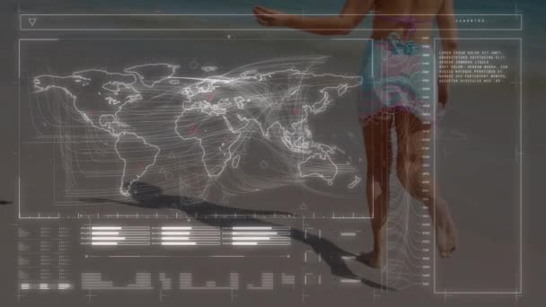 Animation Digital Screen Data Caucasian Woman Running Beach Sport Recreation — Stockvideo