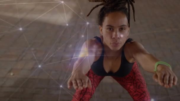 Animation Connections Fit Biracial Woman Doing Squats Sport Active Lifestyle — Stock videók