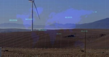 Dünya haritası ve rüzgar türbini üzerinde finansal veri işleme animasyonu. küresel çevre, sürdürülebilirlik, veri işleme ve dijital olarak üretilen iş konsepti.