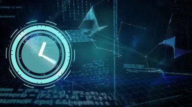 Siyah arka planda veri işleme üzerinde hareket eden saatin animasyonu. küresel iş, finans, bağlantılar ve dijital arayüz konsepti dijital olarak oluşturulmuş video.