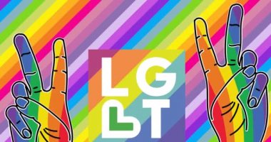 Renkli arkaplanda el ve gurur dolu Igbt metinlerinin animasyonu. Dijital ortamda oluşturulan gurur ve dijital arayüz kavramı.