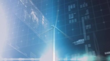 Rüzgar türbini üzerinde veri işleme animasyonu. küresel iş, ekoloji ve dijital arayüz kavramı dijital olarak oluşturulmuş video.